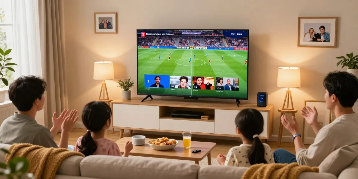 Family enjoying IPTV UK in a cozy living room with a Smart TV streaming sports and movies.