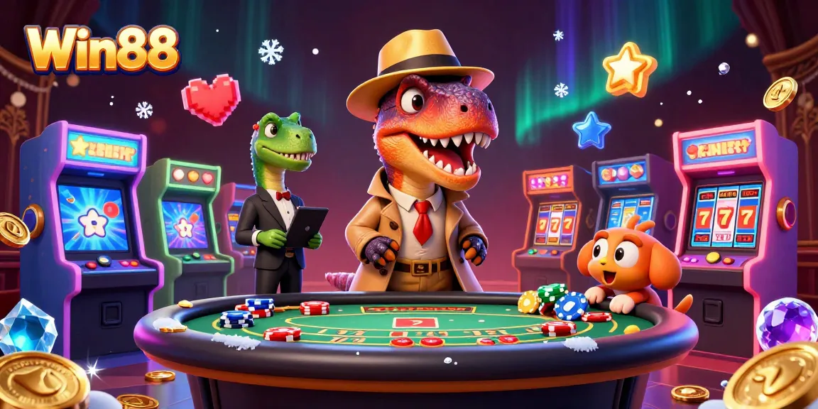 Win88 casino scene with a velociraptor card counter, stegosaurus pit boss, and vibrant gambling elements.
