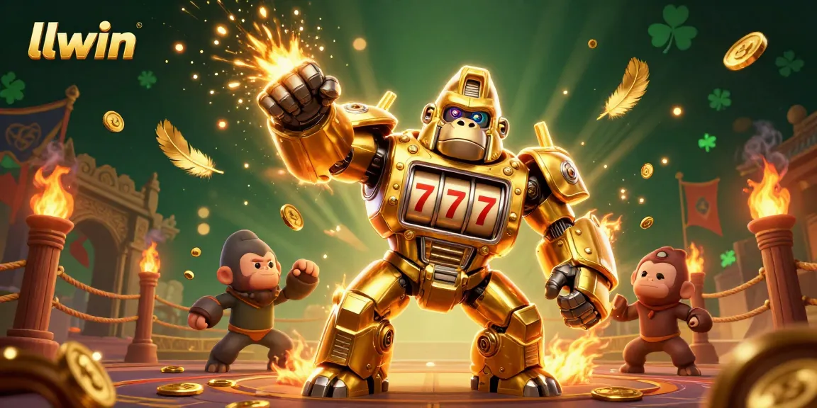 llwin welcomes players to a thrilling scene with a golden gorilla mech celebrating big wins.