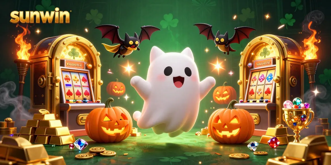 Experience thrilling fun at Sunwin with the ghost cat and vampire bat in a lively casino scene.