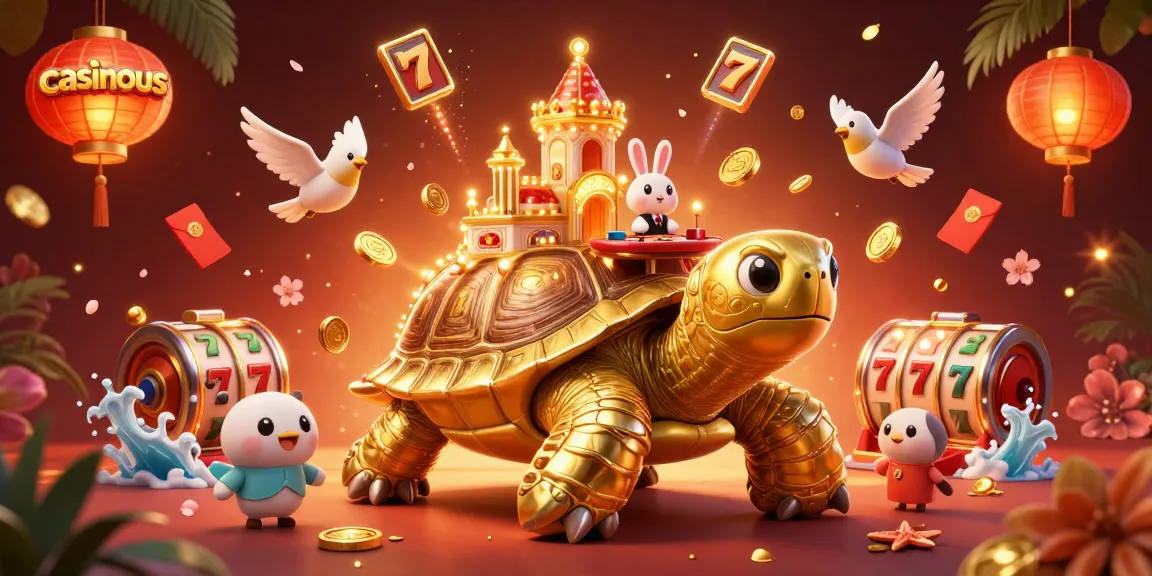 Experience the excitement at casinous with a vibrant casino scene featuring a golden tortoise and dynamic game elements.