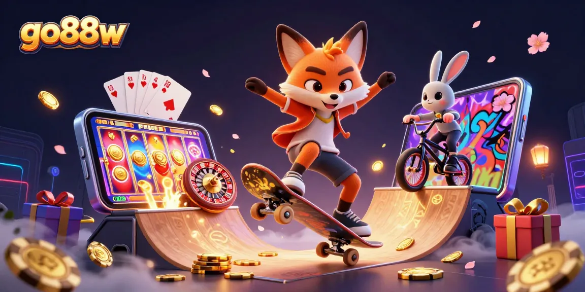 go88w engages players with vibrant gaming visuals featuring fox and rabbit in a colorful casino scene.