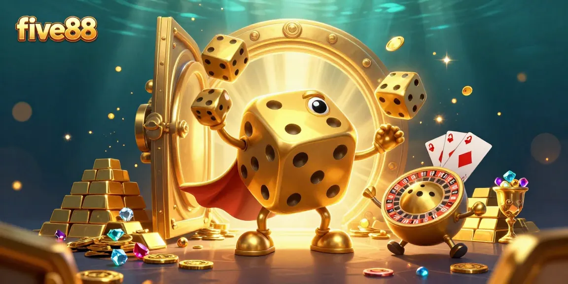 five88 showcases a lively 3D casino scene with golden dice, treasures, and vibrant elements.