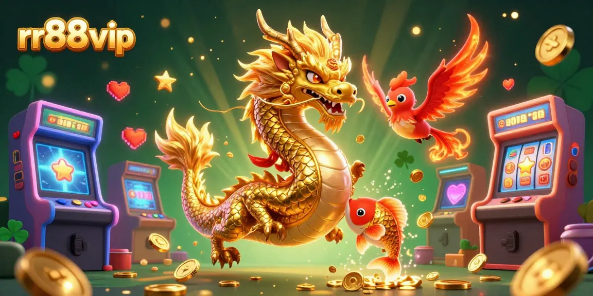 Experience thrilling gaming action at rr88 vip with a vibrant dragon and phoenix amidst an explosion of coins.